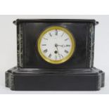 Victorian black slate mantel clock by 'Swinden & Sons, Paris', white enamel dial, Roman numerals and