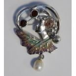 Silver flora lady brooch/pendant set with pearl, garnets and cabochon ruby, inlaid with coloured