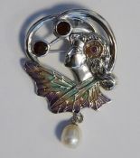 Silver flora lady brooch/pendant set with pearl, garnets and cabochon ruby, inlaid with coloured