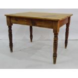 Early 20th century pine rectangular kitchen table on turned supports together with four modern