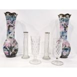 Pair of Japanese porcelain tall vases with scalloped rims decorated with butterflies and