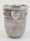 Victorian silver-coloured metal thimble whisky tot inscribed 'Just a Thimble Full', 800 mark