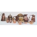 Quantity of copper and brassware to include large copper jug, Middle Eastern lidded pot, other