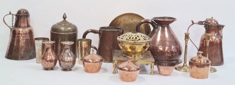 Quantity of copper and brassware to include large copper jug, Middle Eastern lidded pot, other