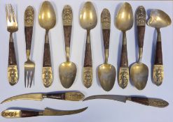 Collection of  bronze flatware comprising 6 spoons, 3 steak knives, 2 forks and a soup spoon (12)