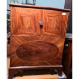 19th century commode, mahogany with shell inlay to door and brass drop handles