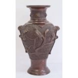 Japanese bronze baluster vase, Meiji period, decorated with birds perched on flowering branches,