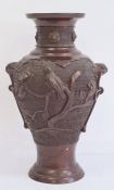 Japanese bronze baluster vase, Meiji period, decorated with birds perched on flowering branches,