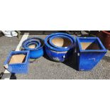 Seven royal blue glazed planters of square tapered and bulbous round forms, largest 51cm diameter (