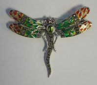 Large silver dragonfly brooch/pendant set with peridot, ruby eyes and marcasites, inlaid with