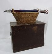 Stained pine box,  a wicker basket,  two shooting sticks and a shooting stick umbrella (5)