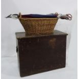 Stained pine box,  a wicker basket,  two shooting sticks and a shooting stick umbrella (5)