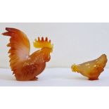 Carnelian agate miniature model of a cockerel, 7cm high and another of a hen, naturalistically