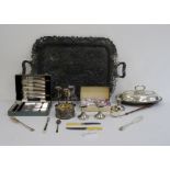 Two-handled rectangular silver-plated tray, a cased set of plated knives, candlestick holders,