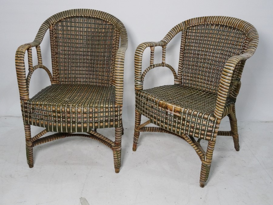 Two wicker chairs, a tea trolley and two elm-seated chairs (5)