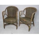 Two wicker chairs, a tea trolley and two elm-seated chairs (5)