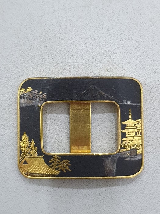 A pair of Japanese niello buckles, c.1930, in gold and black with mountain and pagoda scenes, mark - Image 10 of 15