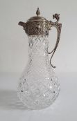 LATE 20TH CENTURY silver-mounted cut glass claret jug, London with pinecone finial, mask spout and