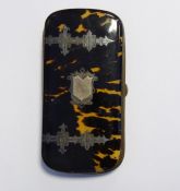 Tortoiseshell and silver inlaid glasses case with silver shield to lid (tortoiseshell cracked)