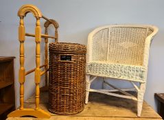 Cream painted balloon style chair, linen basket, and towel airer,  (3)