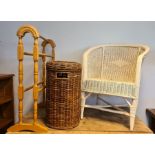 Cream painted balloon style chair, linen basket, and towel airer,  (3)