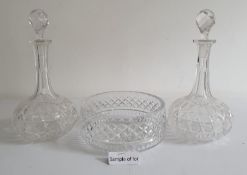 Pair of cut glass decanters of onion form together with various pieces of cut glass, etc