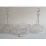 Pair of cut glass decanters of onion form together with various pieces of cut glass, etc