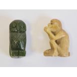 Chinese soapstone miniature model of a monkey, its paws together kneeling in a seated position, 4.