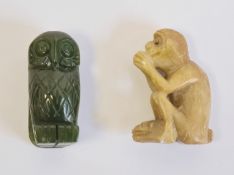 Chinese soapstone miniature model of a monkey, its paws together kneeling in a seated position, 4.