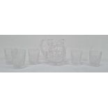 Heavy cut glass jug, relief diamond and swag pattern, and five matching cut glass tumblers (some