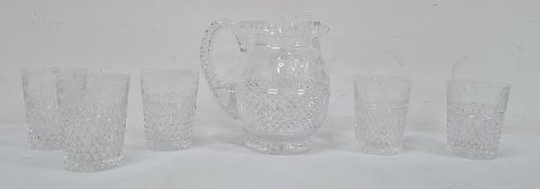 Heavy cut glass jug, relief diamond and swag pattern, and five matching cut glass tumblers (some