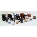 Carved African elephants, ceramic model elephants and other model elephants (1 box)