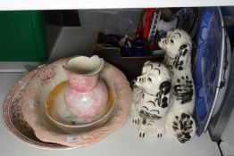 Large Willow pattern blue and white meat plate, a pair of Staffordshire-style dogs, two Edwardian