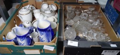 Collection of mixed glassware and ceramics including blue and white graduated jugs, part German