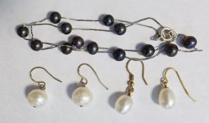 Two pairs of various cultured pearl drop earrings and a black cultured pearl and silver chain link