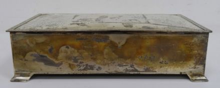 1930's silver-mounted rectangular box with clover and scroll relief decoration to lid edge, with