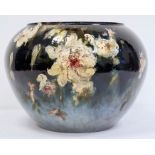 French Montigny Sur Loing faience pottery jardiniere, bulbous-shaped, blue ground with hand-