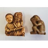 Late 19th century Japanese ivory carved netsuke modelled as a seated man holding a basket of