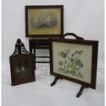 Needlework fire screen, small wall hanging corner cupboard, a stool and a black and white print of a