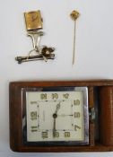 Crawford nurse's watch in yellow metal, a yellow metal pin in case and a Jaeger-le-Coultre clock