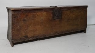 18th century oak sword chest of six-plank construction with iron lock and clasp channel top and