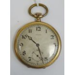 A Rolex rolled gold open face pocket watch, having a white enamel dial with Arabic numerals and