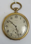 A Rolex rolled gold open face pocket watch, having a white enamel dial with Arabic numerals and