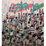 A dyed textile print depicting an African market 67cm x 59cm