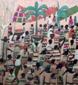 A dyed textile print depicting an African market 67cm x 59cm