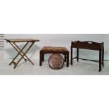Mahogany butler's tray on stand, a Georgian style stool and a further tray-top occasional table (3)