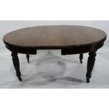 19th century mahogany D-end extending dining table on four turned and fluted supports to brown china