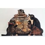 Painted wooden stand of four kittens around a goldfish bowl, signed to verso 'Painted by G I