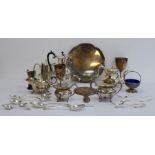 Large quantity of plated ware to include salver, trophy cups, lidded condiments, salts, dressing