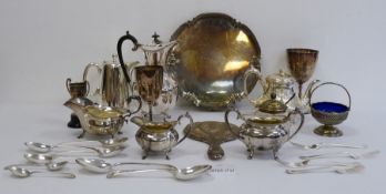 Large quantity of plated ware to include salver, trophy cups, lidded condiments, salts, dressing